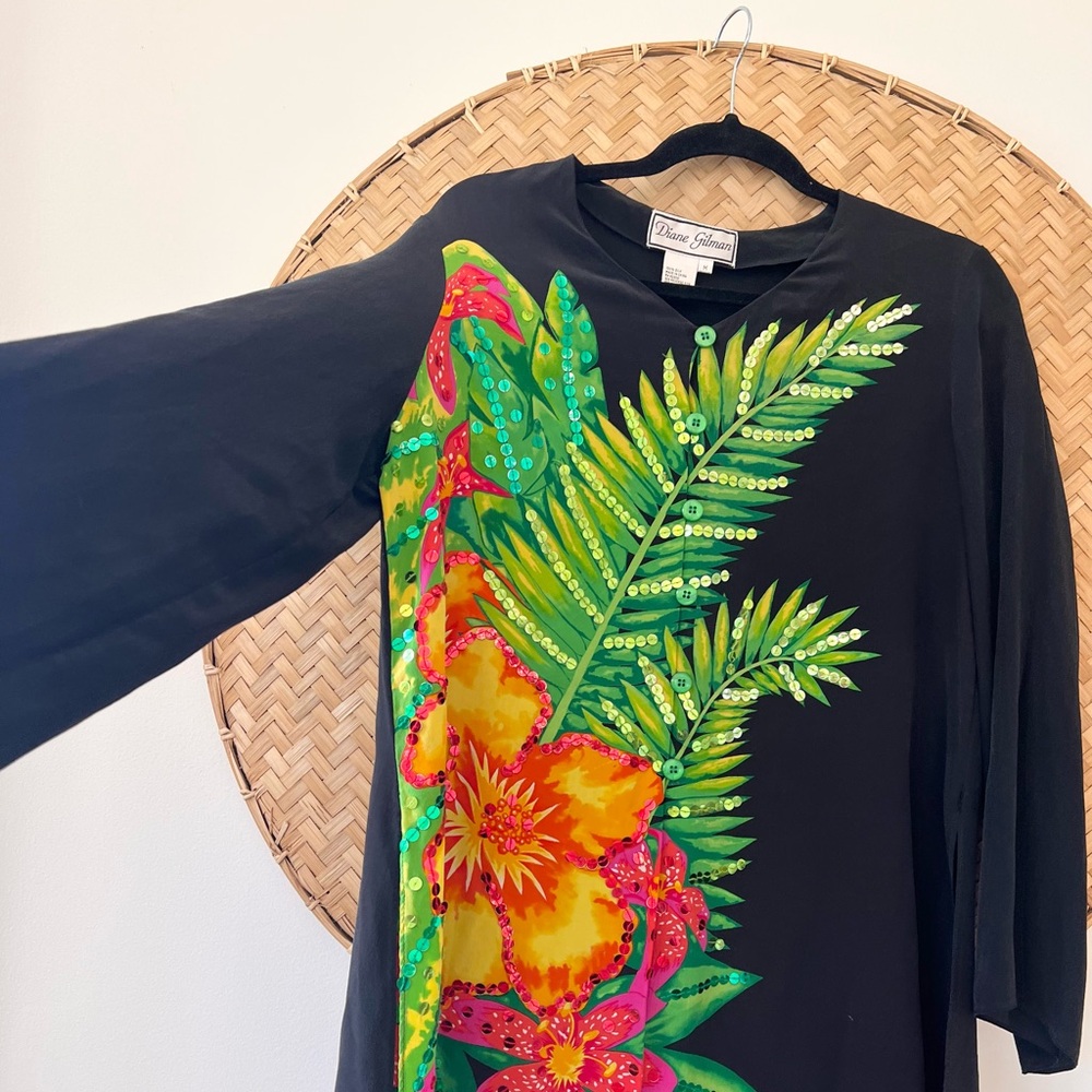 DIANE GILMAN 100% SILK TROPICAL PALMS RESORT-WEAR PANT SUIT W/ SEQUIN‎ DETAILING - Picture 5 of 14